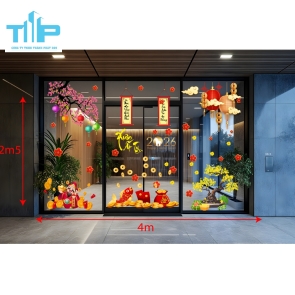 Decal Tết 2026 – Trang Trí Cửa Kính Đẹp, Thần Tài – Hoa Mai – Cá Chép Rước Lộc mẫu 14