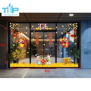 Decal dán kính Tết 2026 Thần Tài – Vàng Xuân – Bé trai bé gái chúc Tết may mắn mãu 19