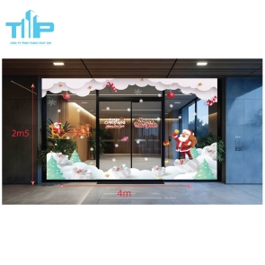 Decal Noel Khổ Lớn – Ông Già Noel, Xe Tuần Lộc, Quà Tuyết Lung Linh Cho Shop, Quán Cafe mẫu 17
