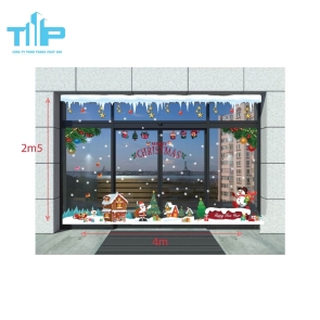 Decal trang trí noel ông già tuyết và  tuần lộc kéo xe phát quà mẫu 3