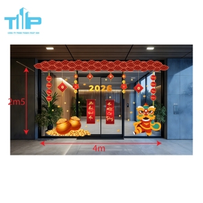 Mẫu mới  2026 - Trang Trí Cửa Kính Tết – Lân Đỏ Rộn Ràng, Vàng Bạc Sung Túc mẫu 42