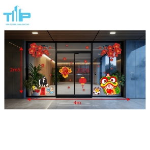 Decal Trang Trí Tết 2026 – Cửa Kính Rực Rỡ Với Hoa Mai, Múa Lân, Ông Đồ mẫu 11 