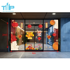Decal Trang Trí Tết 2026 – Cửa Kính Đẹp Với Đèn Lồng, Hoa Văn, Thần Tài mẫu 12