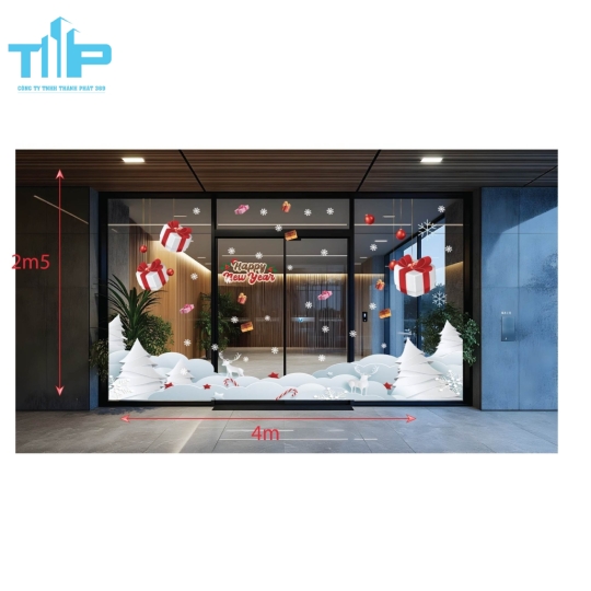 Decal dán kính Giáng Sinh “Happy New Year” trang trí cửa kính – nền tuyết, quà, tuần lộc, cây thông mẫu 12