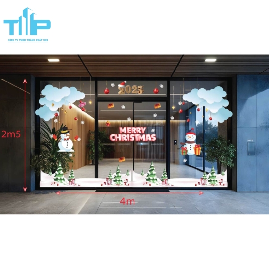 Decal trang trí giáng sinh cây thông noel và người tuyết ôm hộp quà mẫu 14