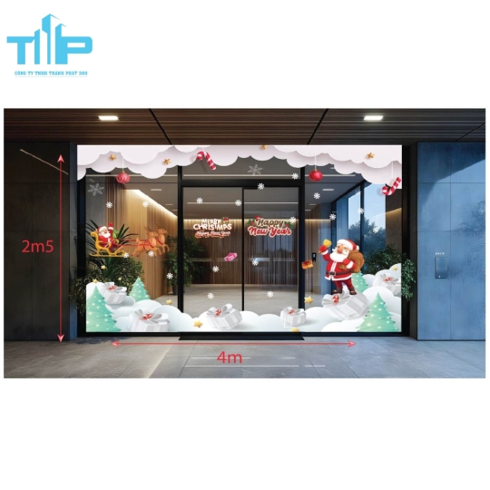 Decal Noel Khổ Lớn – Ông Già Noel, Xe Tuần Lộc, Quà Tuyết Lung Linh Cho Shop, Quán Cafe mẫu 17