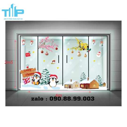 Decal Noel Cửa Kính Đẹp 2026 – Chim Cánh Cụt, Mai Đào, Nhà Tuyết, Cây Thông, Dễ Dán mẫu 21