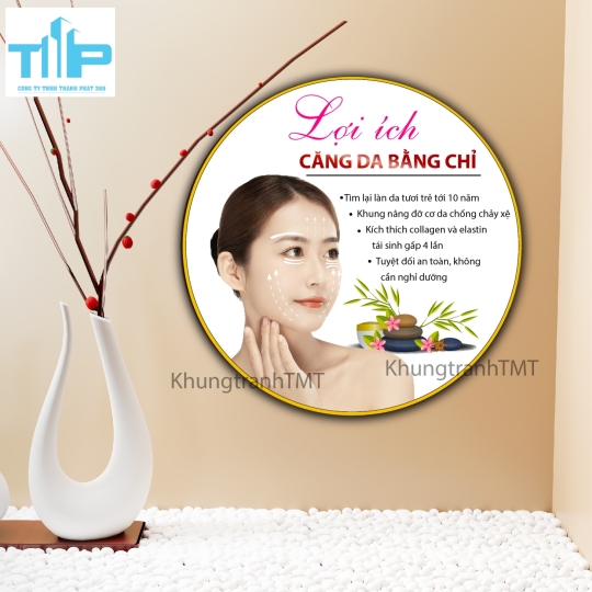 Khung tranh tráng gương- Tranh tròn Lợi ích căng da bằng chỉ