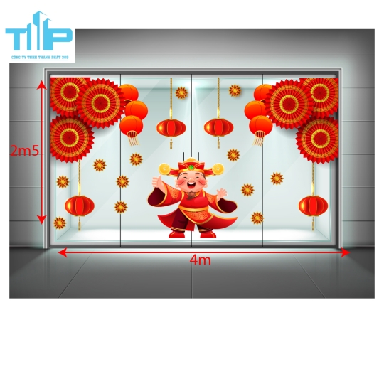 Decal dán kính Tết 2026 Thần Tài – Lồng đèn đỏ may mắn, trang trí cửa hàng sang trọng mẫu 9
