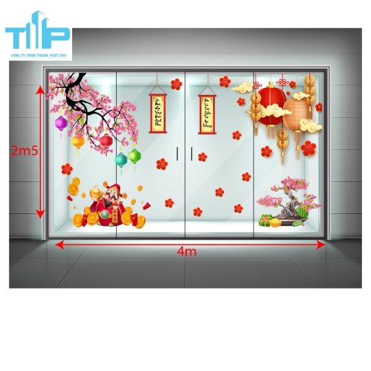Decal Tết Cao Cấp – Hình Thần Tài, Hoa Mai, Bánh Chưng, Đèn Lồng mẫu 10 