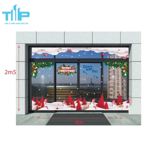 Decal trang trí Noel Rừng Thông Tuyết Đỏ "Merry Christmas" mẫu 7 